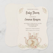 Neutral Bunny & Floral Teapot Baby Shower  招待状 (正面/裏面)