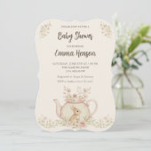 Neutral Bunny & Floral Teapot Baby Shower  招待状 (スタンド正面)