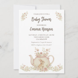Neutral Bunny & Floral Teapot Baby Shower 招待状