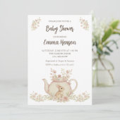 Neutral Bunny & Floral Teapot Baby Shower 招待状 (スタンド正面)