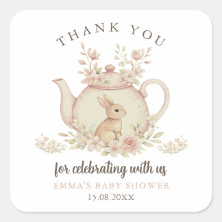 Neutral Bunny Tea Party Baby Shower Thank You  スクエアシール