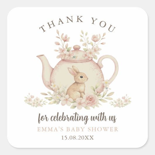 Neutral Bunny Tea Party Baby Shower Thank You  スクエアシール (正面)