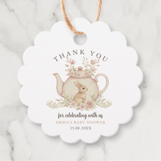 Neutral Bunny Tea Party Baby Shower Thank You フェイバータグ (正面)