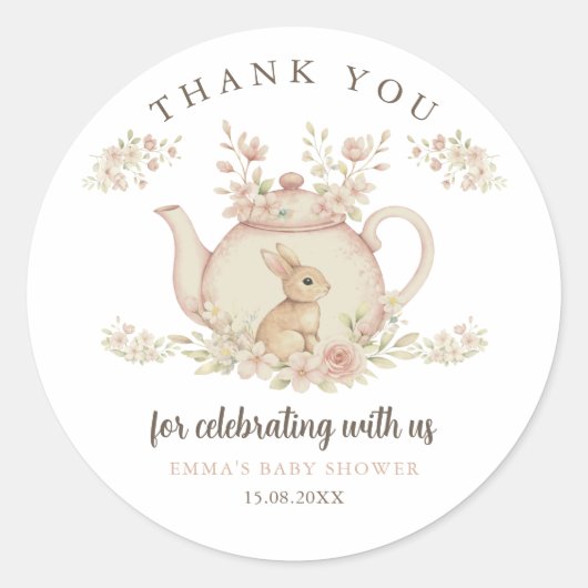 Neutral Bunny Tea Party Baby Shower Thank You  ラウンドシール (正面)