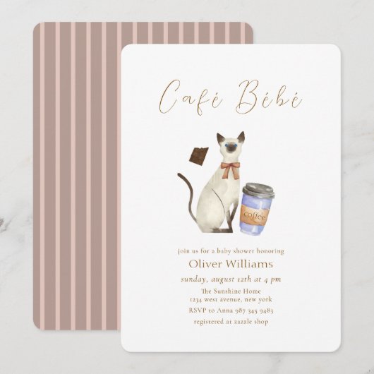 Neutral Café Bébé Cat Coffee  Baby shower 招待状 (正面/裏面)