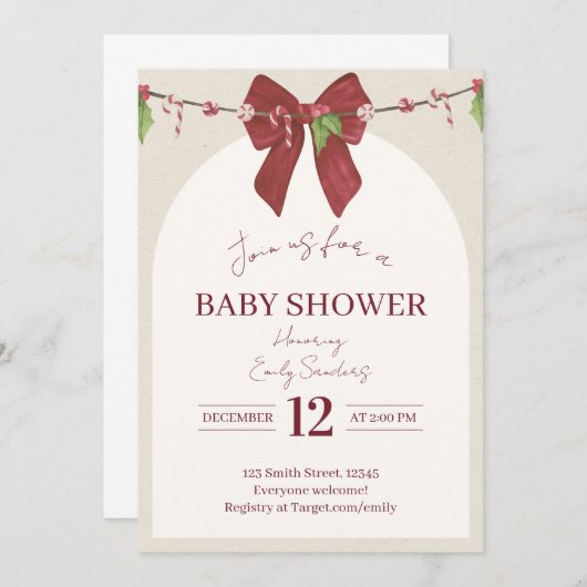 Neutral Candy Cane Cutie Baby 招待状 (正面/裏面)