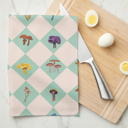 Neutral checks with assorted fungi キッチンタオル (四つ折り)