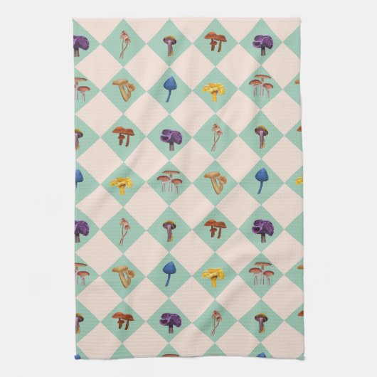 Neutral checks with assorted fungi キッチンタオル (縦)