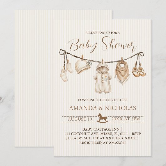Neutral Clothes Baby Shower Striped 招待状 (正面/裏面)