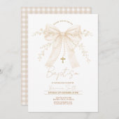 Neutral Cream Bow Cross Baptism Christening 招待状 (正面/裏面)