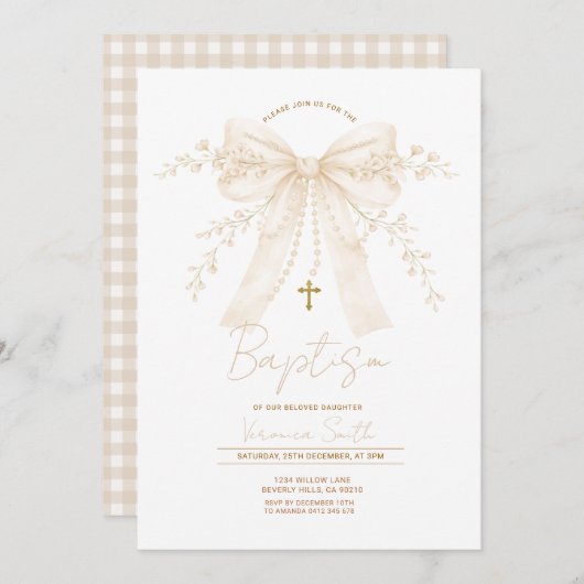 Neutral Cream Bow Cross Baptism Christening 招待状 (正面/裏面)