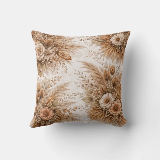 Neutral Cream & Caramel Boho Floral Pattern クッション (裏面)