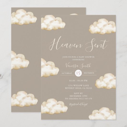 Neutral Cream Cloud Heaven Sent Baby Shower Party 招待状 (正面/裏面)