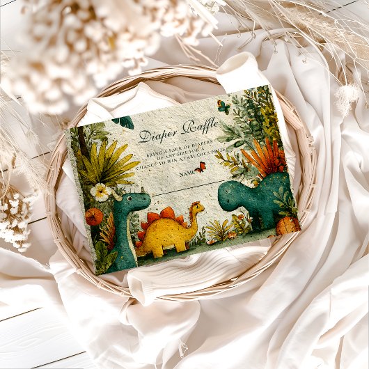 Neutral Dinosaur Baby Shower Diapper Raffle エンクロージャーカード