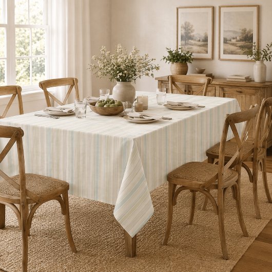 Neutral Dusty Blue Striped | Rustic Farmhouse テーブルクロス