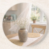 Neutral Farmhouse Wildflower Floral Sandstone コースター (正面)