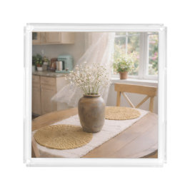 Neutral Farmhouse Wildflower Floral Serving Tray アクリルトレー
