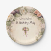 Neutral Fig Floral 1st Birthday ペーパープレート (正面)