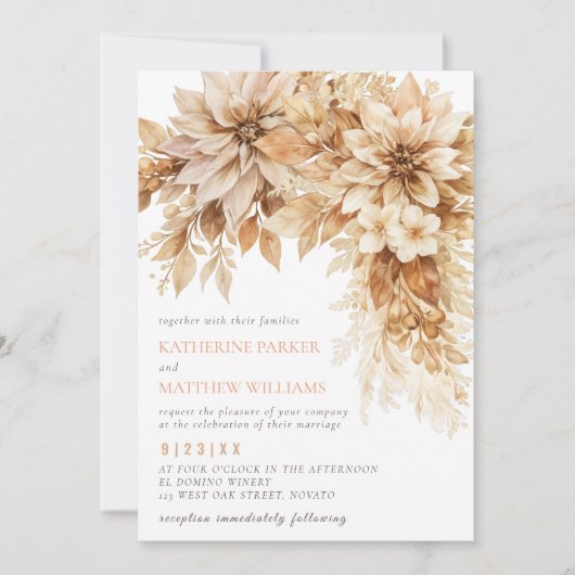 Neutral Floral Wedding Invitation Beige Elegant  招待状 (正面)