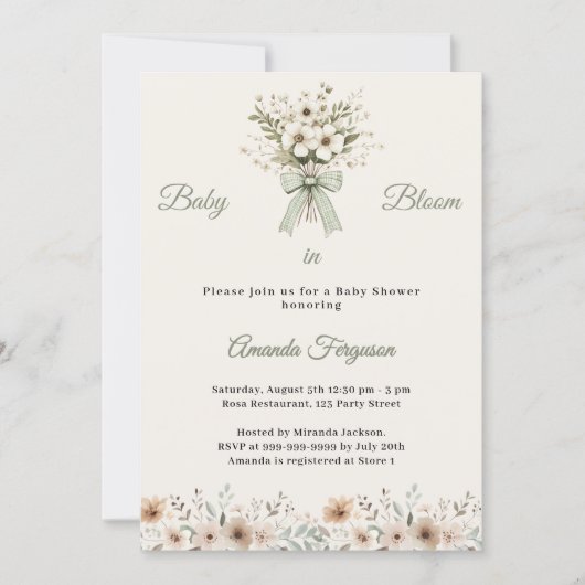 Neutral florals green ivory bloom Baby Shower 招待状 (正面)