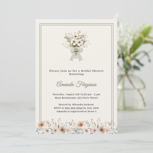 Neutral florals green ivory Bridal Shower 招待状 (スタンド正面)
