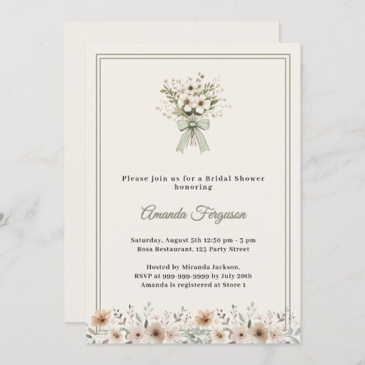 Neutral florals green ivory Bridal Shower 招待状 (正面/裏面)