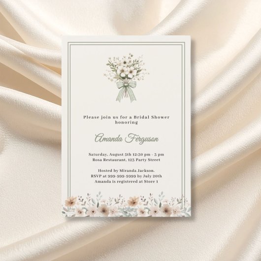 Neutral florals green ivory Bridal Shower 招待状