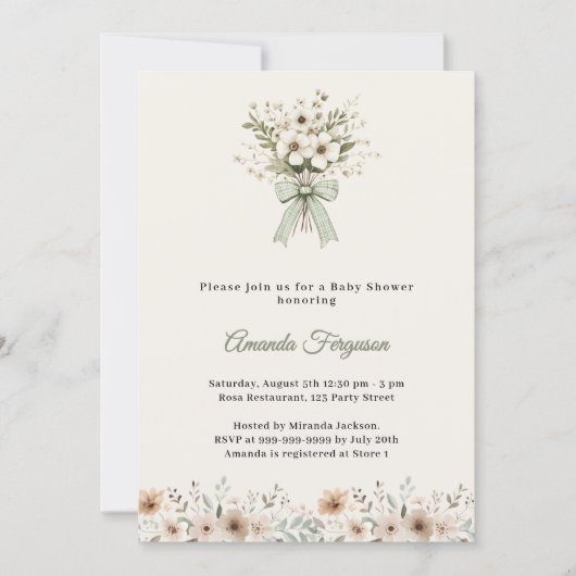 Neutral florals green ivory summer Baby Shower 招待状 (正面)