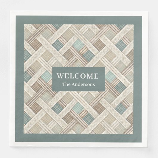 Neutral Geometric Green Napkins Custom Name Chic (正面)