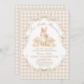 Neutral Gingham Bunnies Twins Baby Shower 招待状 (正面/裏面)