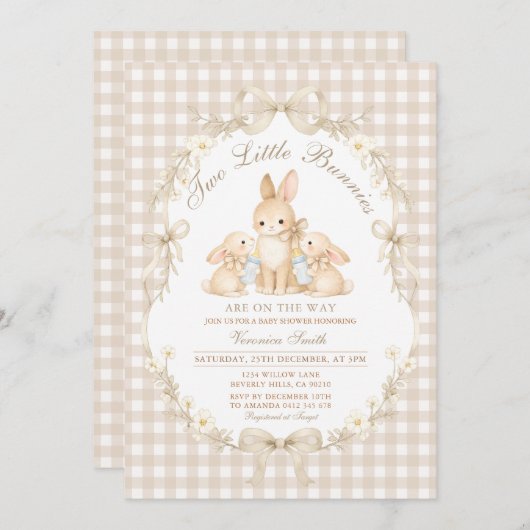 Neutral Gingham Bunnies Twins Baby Shower 招待状 (正面/裏面)