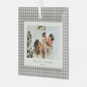 Neutral Gingham Family Photo Keepsake Christmas ガラスオーナメント (正面左)
