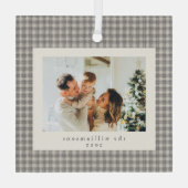 Neutral Gingham Family Photo Keepsake Christmas ガラスオーナメント (裏面)