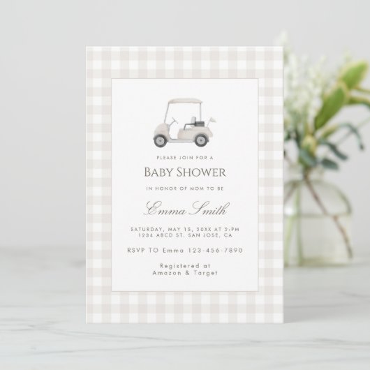 Neutral Gingham Golf Cart Baby Shower 招待状 (スタンド正面)
