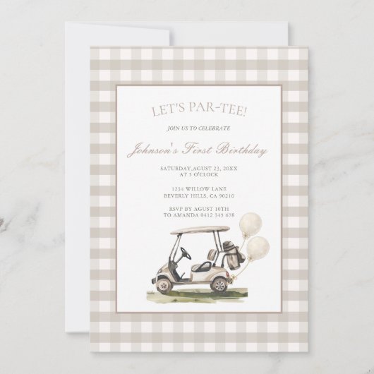 Neutral Gingham Golf Cart Boy Birthday  招待状 (正面)