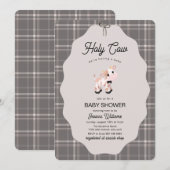 Neutral Gingham Holy Cow Farm Animals Baby Shower  招待状 (正面/裏面)