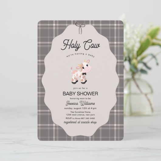 Neutral Gingham Holy Cow Farm Animals Baby Shower  招待状 (スタンド正面)