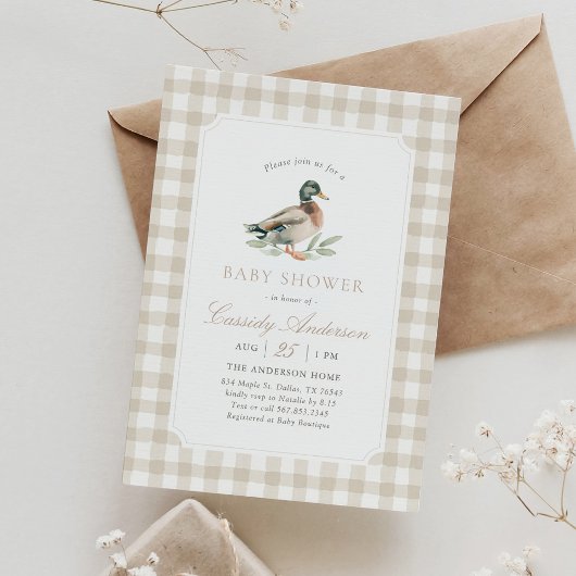 Neutral Gingham Mallard Duck Baby Shower 招待状