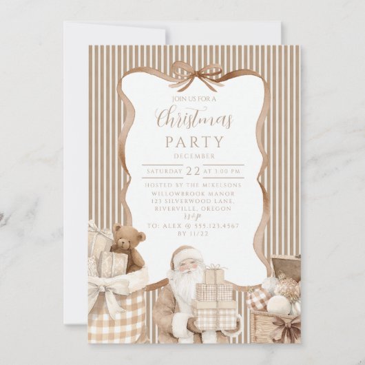 Neutral Gingham Santa Christmas 招待状 (正面)