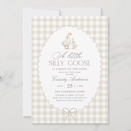 Neutral Gingham Silly Goose Baby Shower 招待状 (正面)