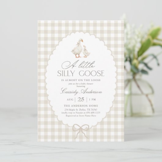 Neutral Gingham Silly Goose Baby Shower 招待状 (スタンド正面)