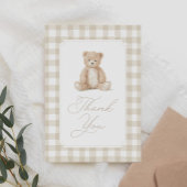 Neutral Gingham Teddy Bear Baby Shower サンキューカード