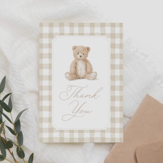 Neutral Gingham Teddy Bear Baby Shower サンキューカード