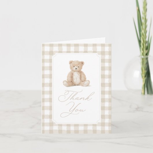 Neutral Gingham Teddy Bear Baby Shower サンキューカード (正面)