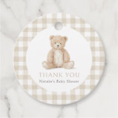 Neutral Gingham Teddy Bear Baby Shower フェイバータグ (正面)