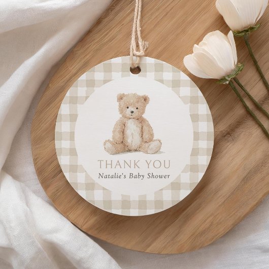 Neutral Gingham Teddy Bear Baby Shower フェイバータグ