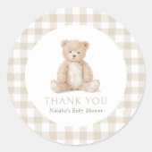 Neutral Gingham Teddy Bear Baby Shower ラウンドシール (正面)
