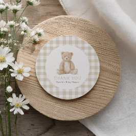 Neutral Gingham Teddy Bear Baby Shower ラウンドシール