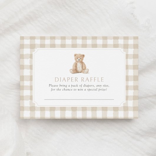 Neutral Gingham Teddy Bear Diaper Raffle Ticket エンクロージャーカード