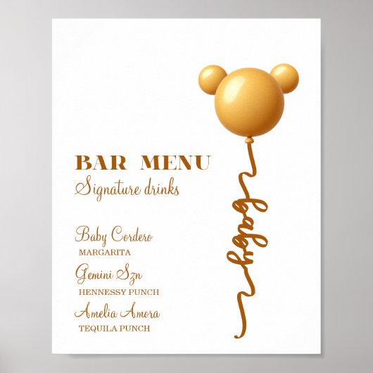 Neutral Gold Teddy Balloon Bar Menu Poster ポスター (正面)